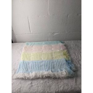 Lord & Taylor Vtg Plaid Baby Blanket Pastel Blue Pink Yellow Green Plaid Throw F